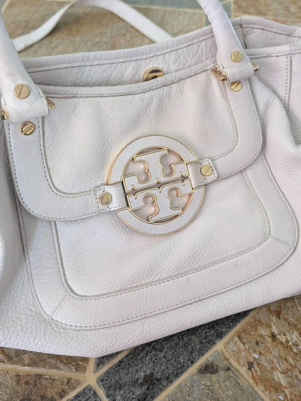 Tory Burch Soft White Leather Logo Shoulder Tote with Gold Hardware.